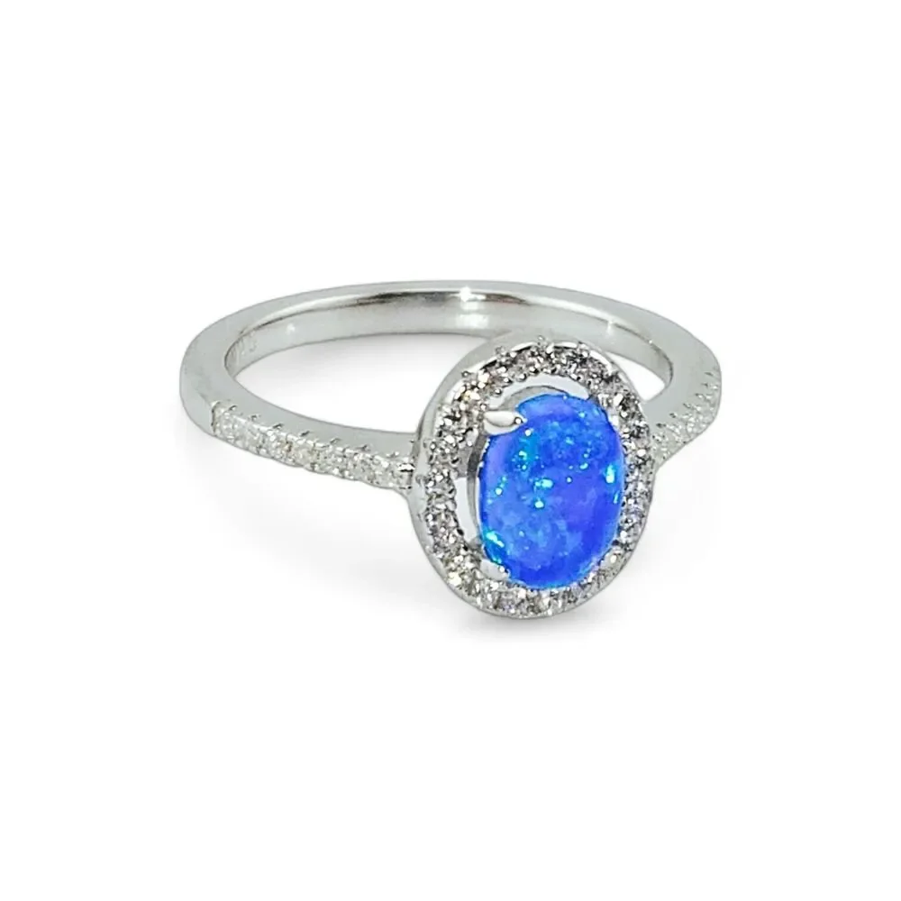 Sterling Silver 925 Blue Lab Opal and Clear CZ Oval Halo Ring - Picture 1 of 7